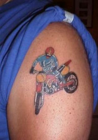 Colored Motorcycle Tattoo On Left Shoulder For Men