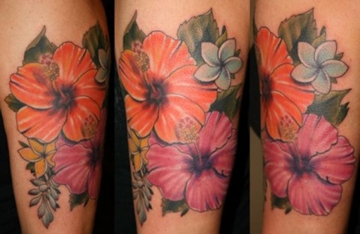 Colorful Hawaiian Flowers Tattoo Design For Sleeve