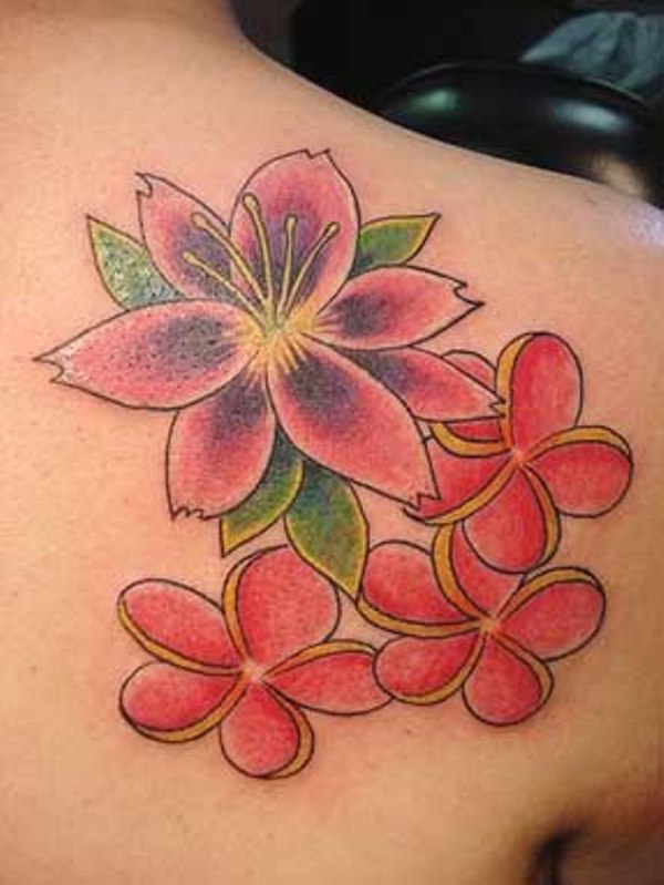 Colorful Hawaiian Flowers Tattoo On Right Back Shoulder