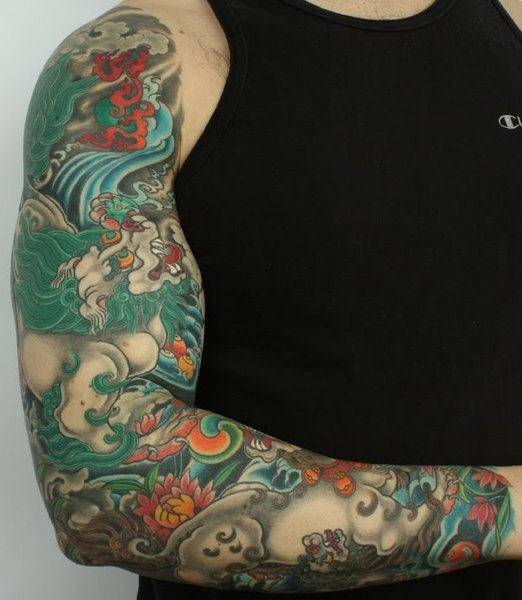 Colorful Hawaiian Tattoo On Right Full Sleeve