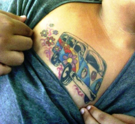 Colorful Hippie Bus Tattoo Design For Chest
