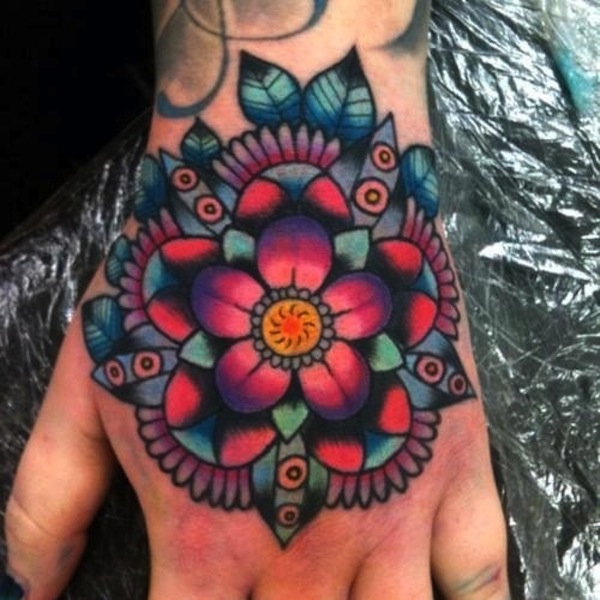 Colorful Hippie Flower Tattoo On Hand