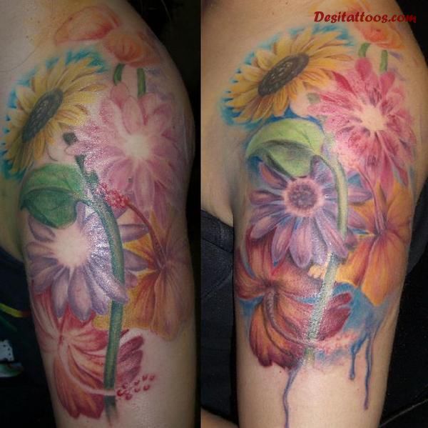 Colorful Hippie Flowers Tattoo Design For Half Sleeve By Kimber