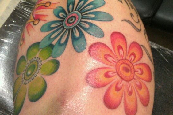 Colorful Hippie Flowers Tattoo Design For Sleeve