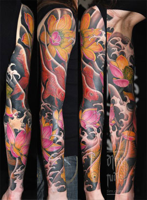Colorful Hippie Flowers Tattoo On Full Sleeve