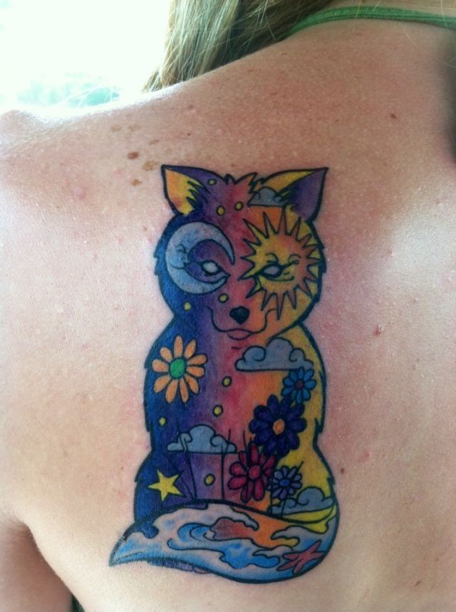 Colorful Hippie Fox Tattoo On Left Back Shoulder