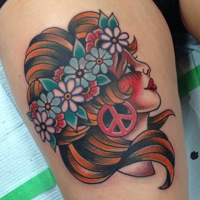 Colorful Hippie Girl Tattoo Design For Thigh By Don Ritson