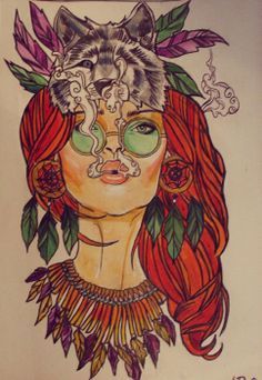 Colorful Hippie Girl Tattoo Design