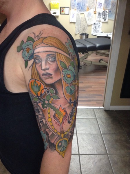 Colorful Hippie Girl Tattoo On Man Left Half Sleeve