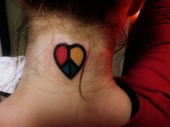 Colorful Hippie Heart Tattoo On Girl Back Neck