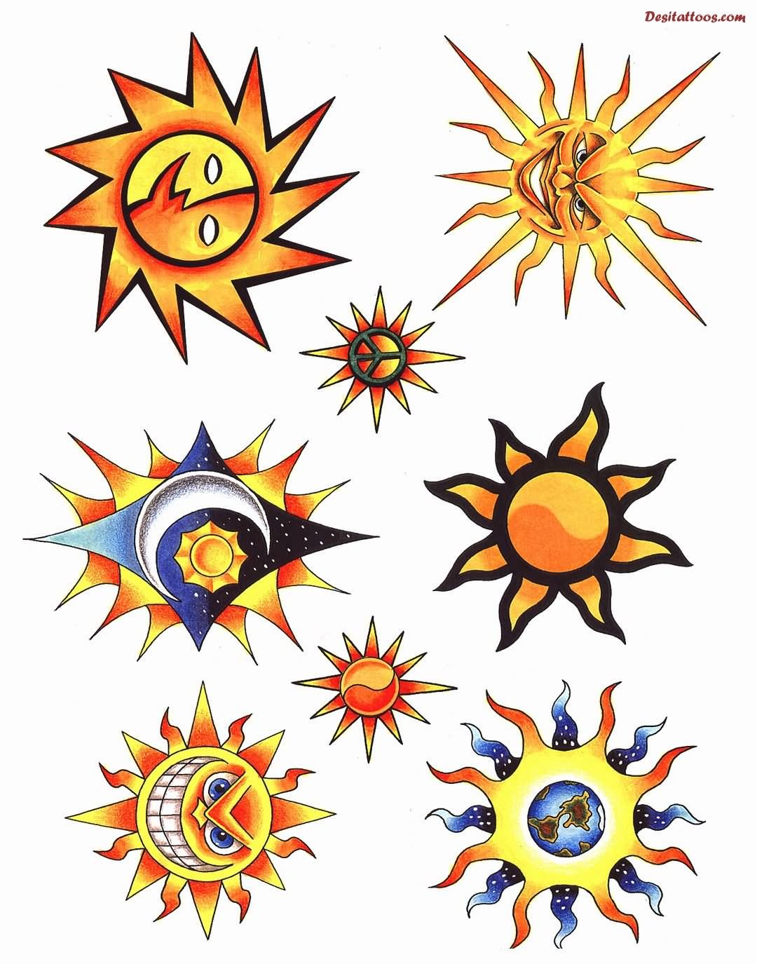 Colorful Hippie Sun Tattoo Designs