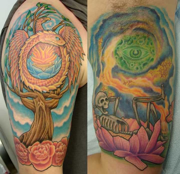 Colorful Hippie Tattoo Design For Half Sleeve