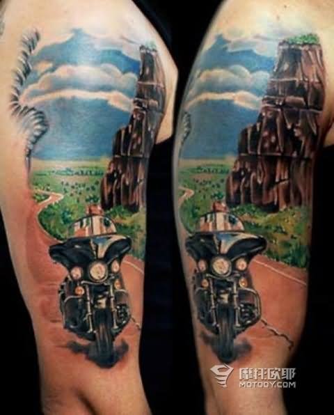 Colorful Motorbike Tattoo On Right Half Sleeve