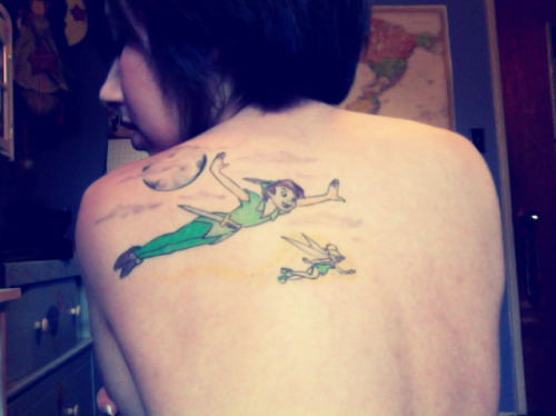Colorful Tinkerbell And Peter Pan Tattoo On Left Back Shoulder