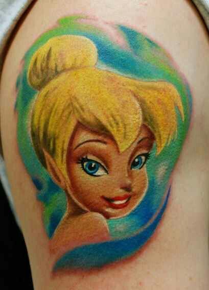 Colorful Tinkerbell Face Tattoo Design For Shoulder