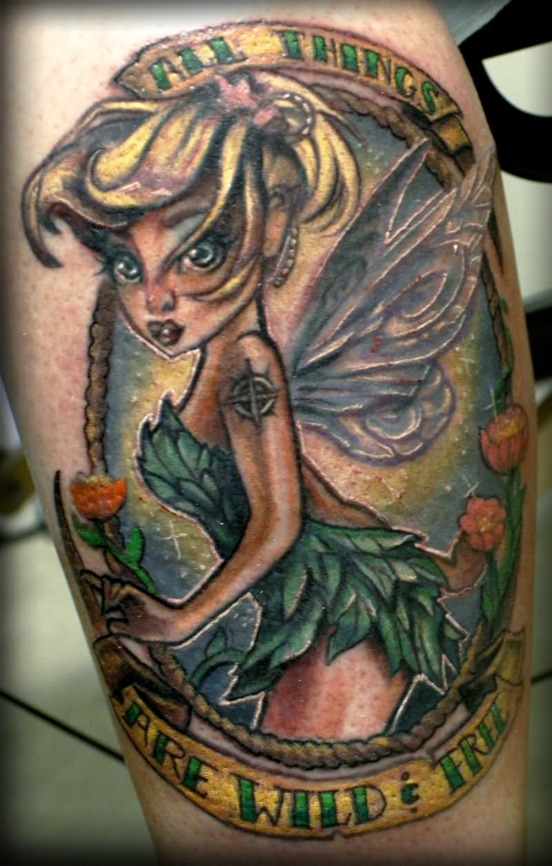 Colorful Tinkerbell In Frame With Banner Tattoo Design