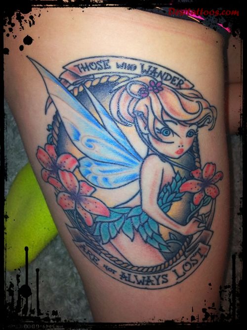 Colorful Tinkerbell In Frame With Flowers Tattoo Design For Thigh