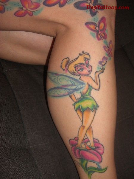 Colorful Tinkerbell Tattoo Design For Leg Calf
