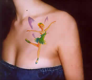 Colorful Tinkerbell Tattoo On Girl Chest