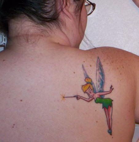 Colorful Tinkerbell Tattoo On Girl Right Back Shoulder