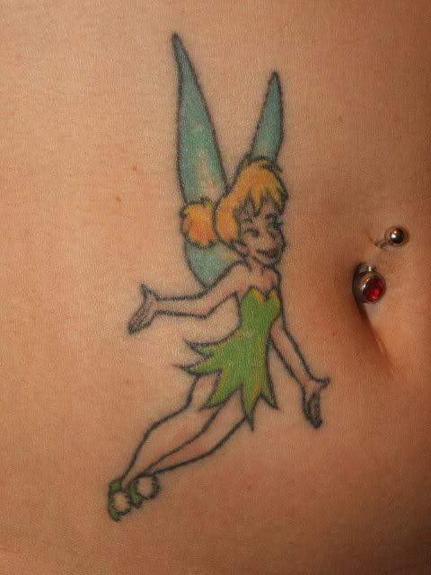 Colorful Tinkerbell Tattoo On Girl Stomach