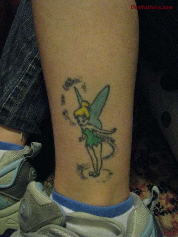 Colorful Tinkerbell Tattoo On Leg