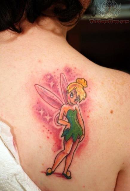 Colorful Tinkerbell Tattoo On Right Back Shoulder