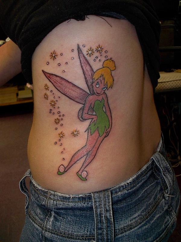Colorful Tinkerbell Tattoo On Side Rib