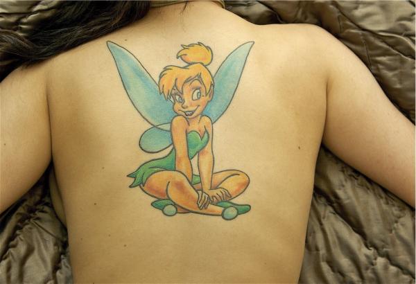 Colorful Tinkerbell Tattoo On Upper Back