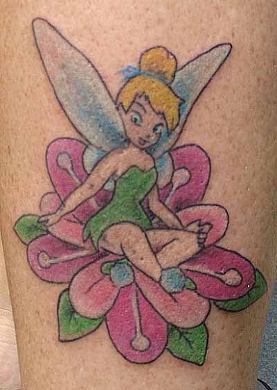 Colorful Tinkerbell With Flower Tattoo Design For Sleeve