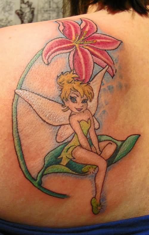 Colorful Tinkerbell With Flower Tattoo On Left Back Shoulder