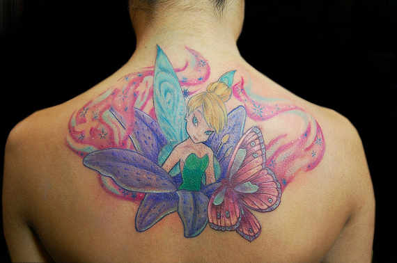 Colorful Tinkerbell With Flower With Butterfly Tattoo On Upper Back