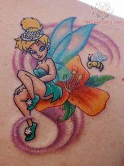 Colorful Tinkerbell With Flowers Tattoo Design For Back Shoulder