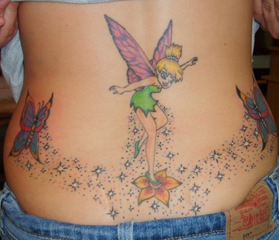 Colorful Tinkerbell With Flowers Tattoo On Lower Back