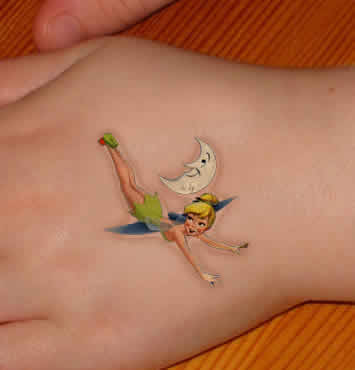 Colorful Tinkerbell With Half Moon Tattoo On Left Hand