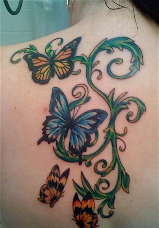 Colorful Vine With Butterflies Tattoo Design For Upper Back