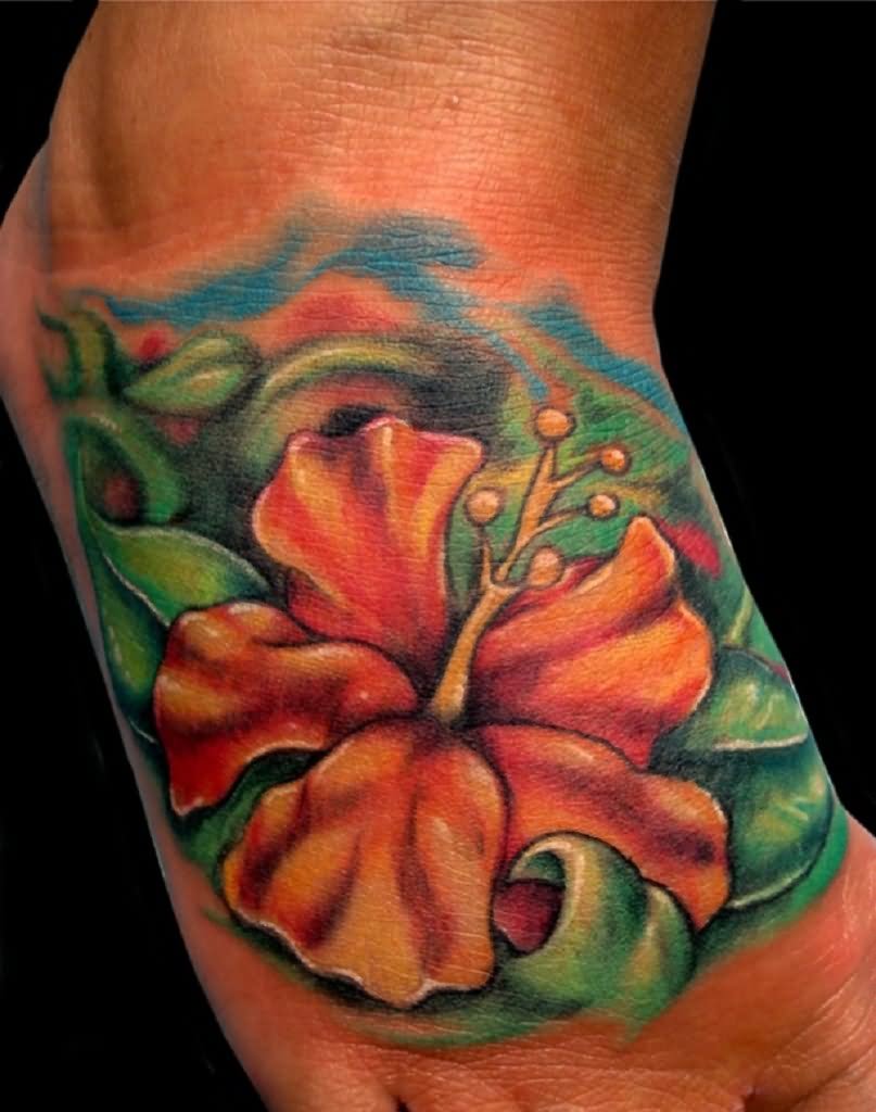 Cool Hawaiian Flower Tattoo On Foot