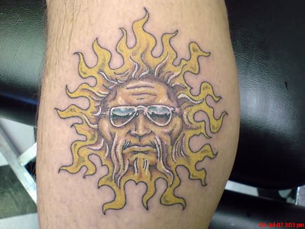 Cool Hippie Sun Tattoo Design For Leg Calf