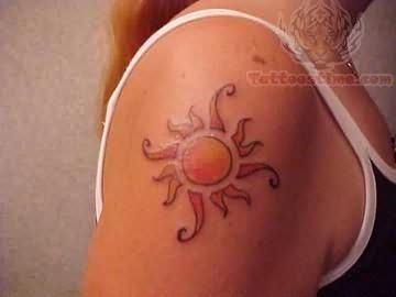 Cool Hippie Sun Tattoo On Right Shoulder