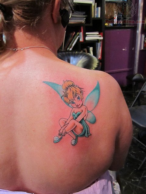 Cute Colorful Tinkerbell Tattoo On Girl Right Back Shoulder By Aisha