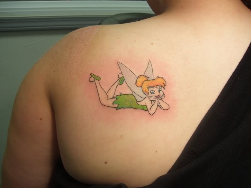 Cute Colorful Tinkerbell Tattoo On Left Back Shoulder