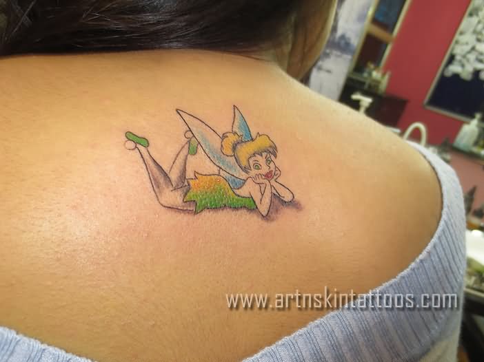 Cute Colorful Tinkerbell Tattoo On Right Back Shoulder