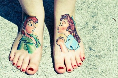 Cute Tinkerbell And Peter Pan Tattoo On Girl Feet