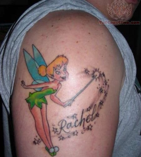 Cute Tinkerbell Tattoo On Man Right Shoulder
