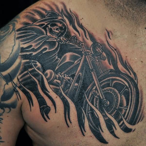 Flaming Ghost Motorbike Tattoo On Front Shoulder