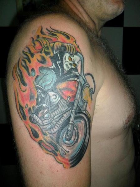 Flaming Ghost Rider Motorcycle Tattoo On Right Shoulder