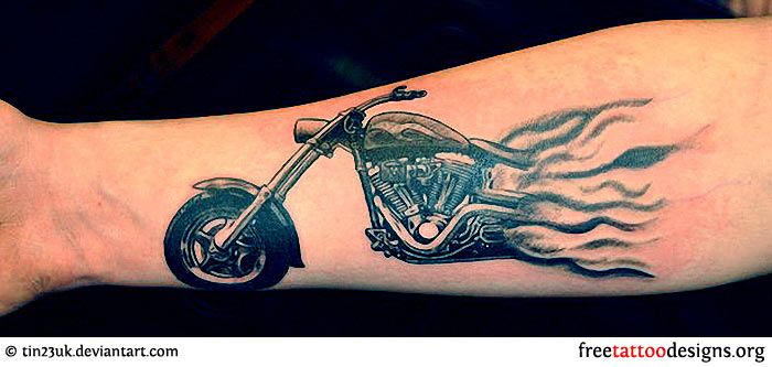 Flaming Motorbike Tattoo On Forearm