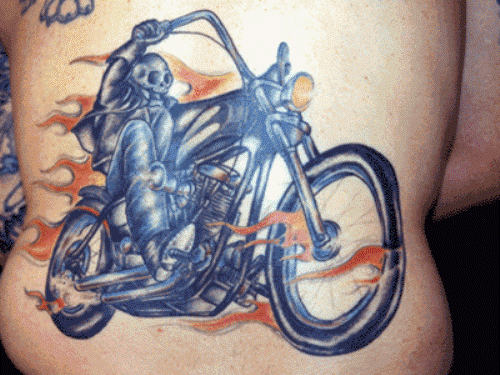Flaming Motorcycle Tattoo On Full Back