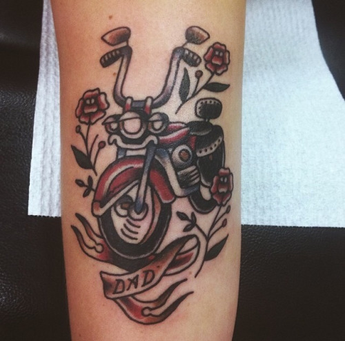 Flowers And Motorbike Tattoo On Arm