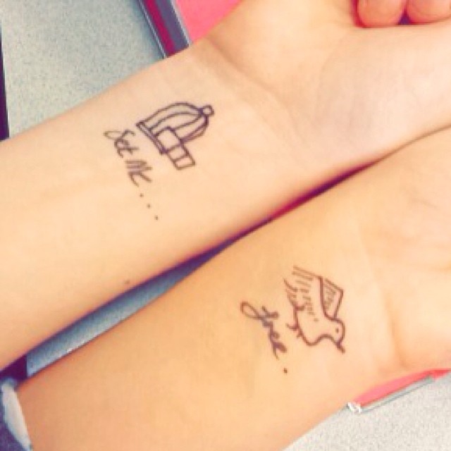 Flying Bird And Cage Friendship Tattoos On Wrist